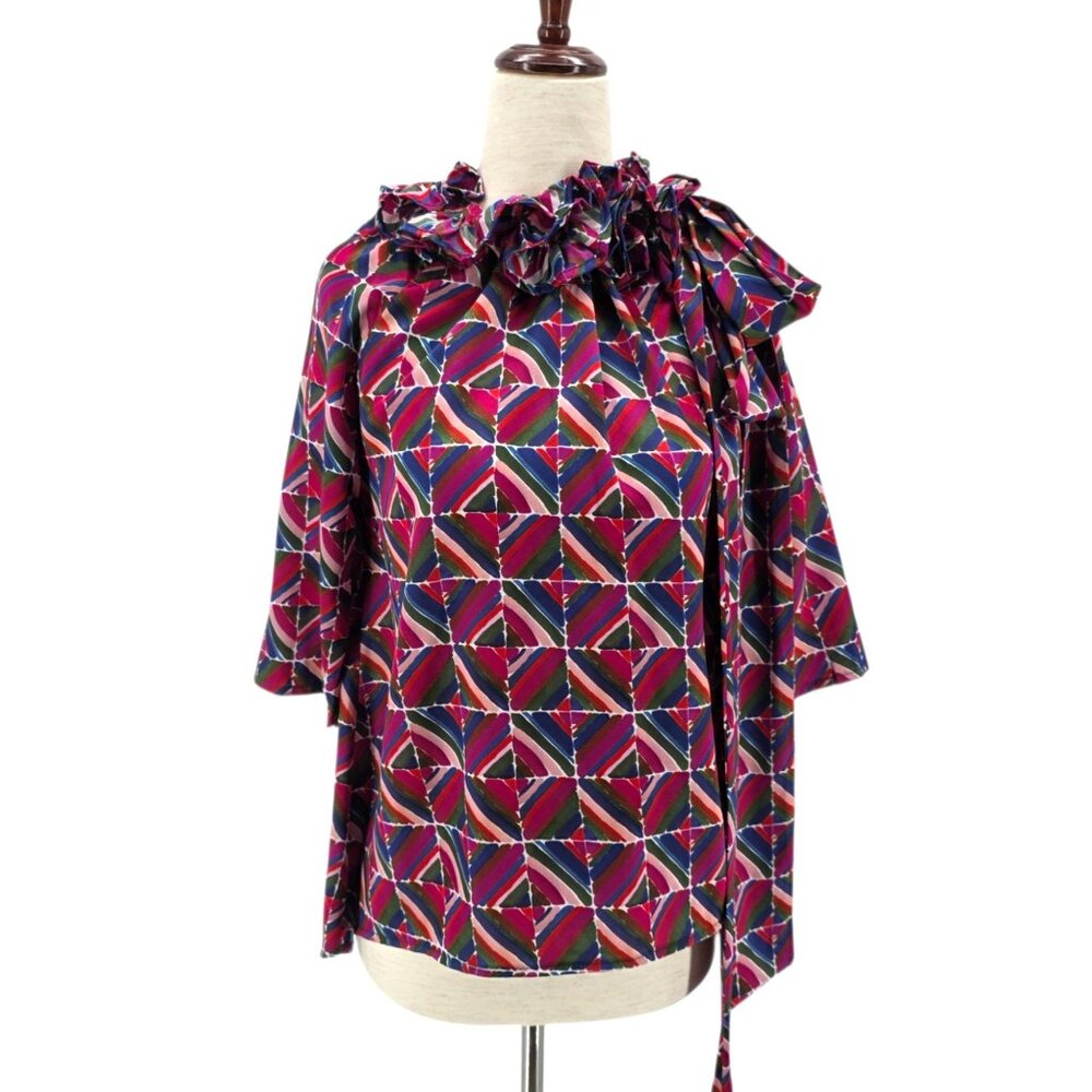 Never A Wallflower Womens XS Top Ruffle Tie Neck Geometric Print Multicolor Boho